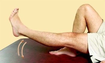 A person lying down extends one leg straight with the foot flexed upward, while the other knee is bent; arrows indicate the raised leg is being lifted and lowered as part of an exercise.