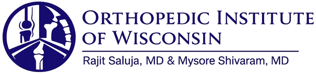 Logo for the Orthopedic Institute of Wisconsin featuring stylized images of joints and bones, with the names Rajit Saluja, MD & Mysore Shivaram, MD displayed below the institutes name.