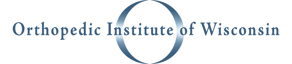 Logo for the Orthopedic Institute of Wisconsin, featuring the institutes name in blue serif font with a stylized, shiny blue circle in the background.