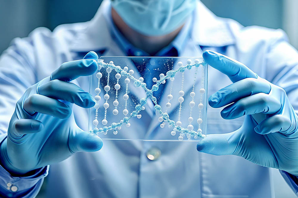 A scientist wearing a lab coat, mask, and blue gloves holds a transparent model of a DNA double helix, symbolizing genetic research or biotechnology in a laboratory setting.