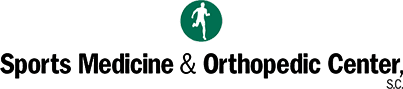 Logo for Sports Medicine & Orthopedic Center, SC, featuring a green circle with a white silhouette of a running person above the center name in black text.